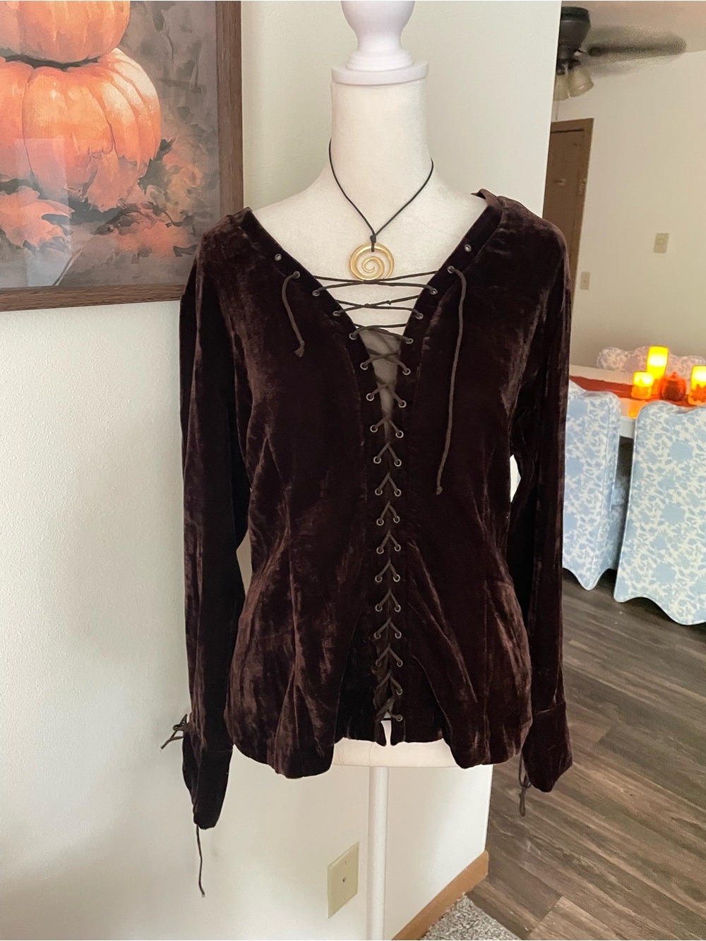 ICE 90s Y2K Vintage Dark Brown Velvet Lace-Up Corset Tie Front Top Size M